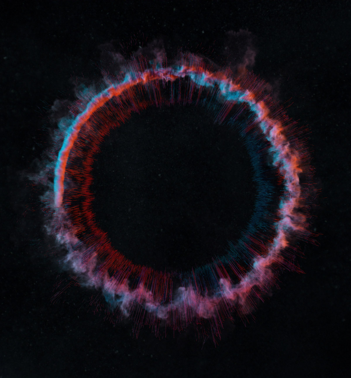Abstract render of a circular explosion in blue and red