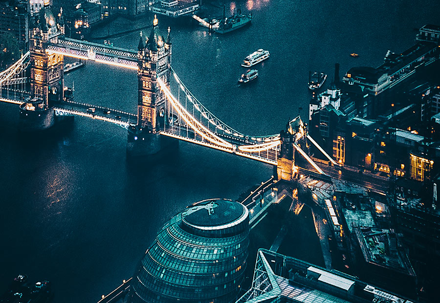 Aerial photo of London city at night time