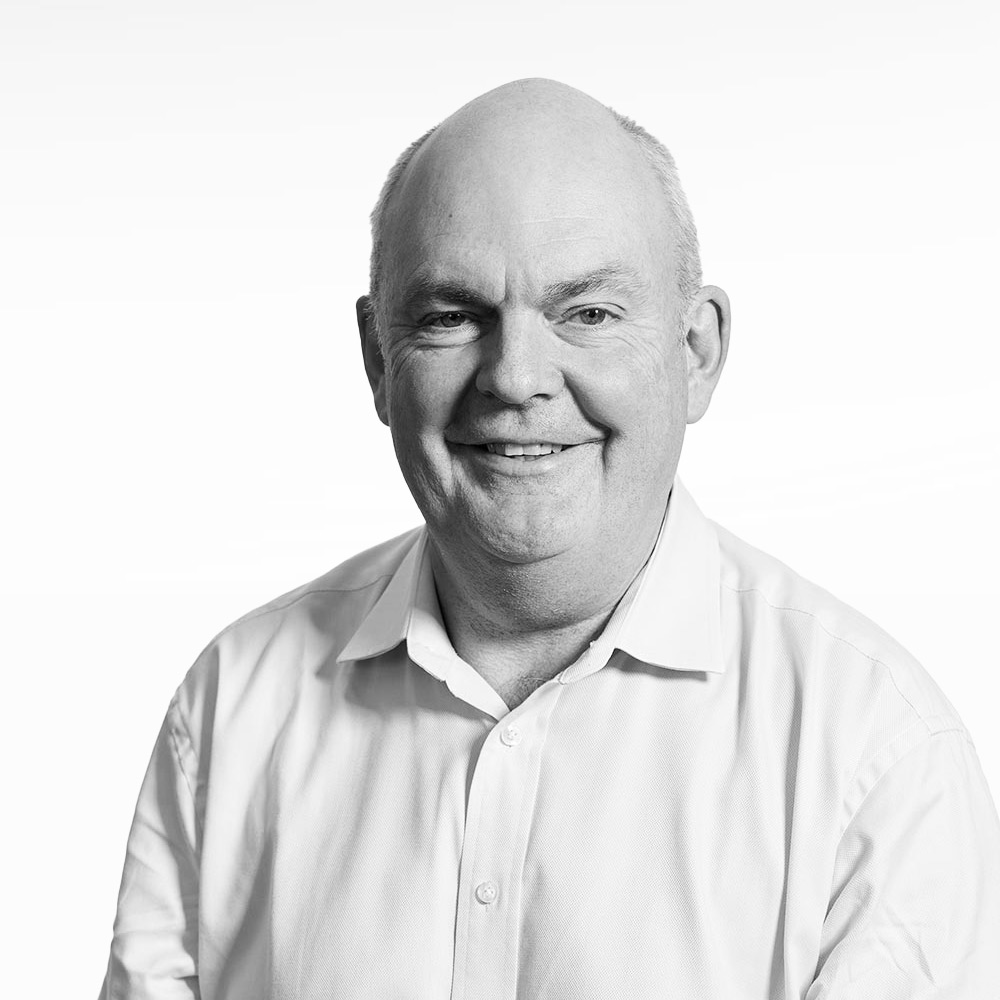 Black & white portrait photo of Steven Joyce, Hammerforce Board Non-Executive Director