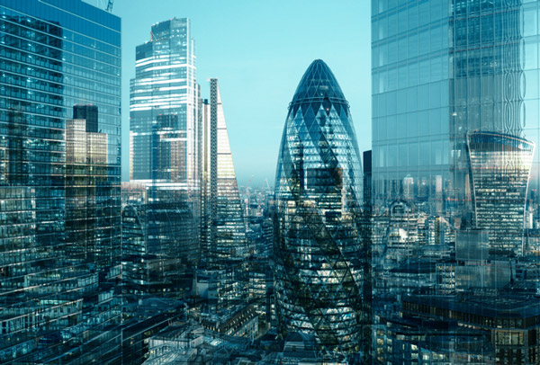 Photo of London city, showing tall glass buildings