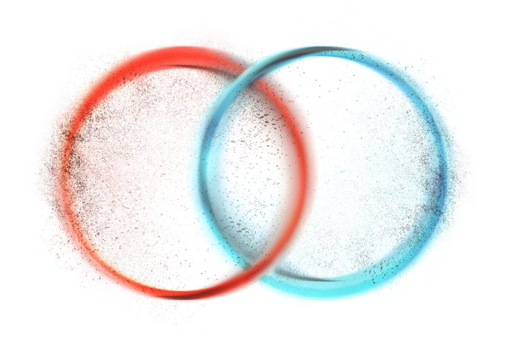 Rendered animation still, showing two circles (one orange, one blue) intersecting and overlapping each other