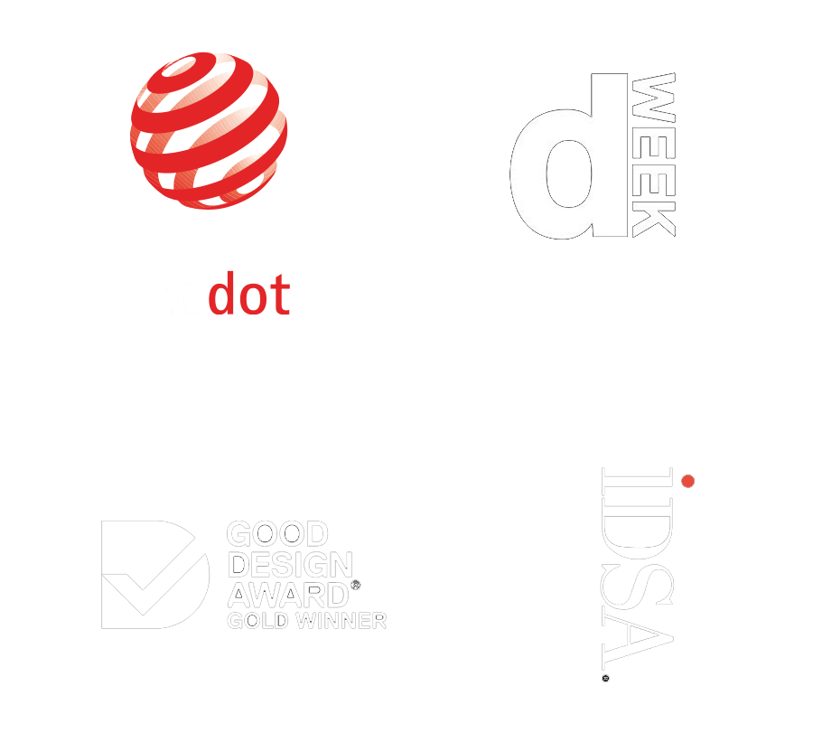 Grid of award logos: Red Dot, D Week, Good Design Award (Gold Winner), IDSA